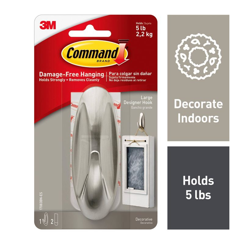 Command Large Designer Nickel Hook : Wall Hooks, Large Command Hooks, Silver, 5 lb Capacity, Decorative, Painted Finish