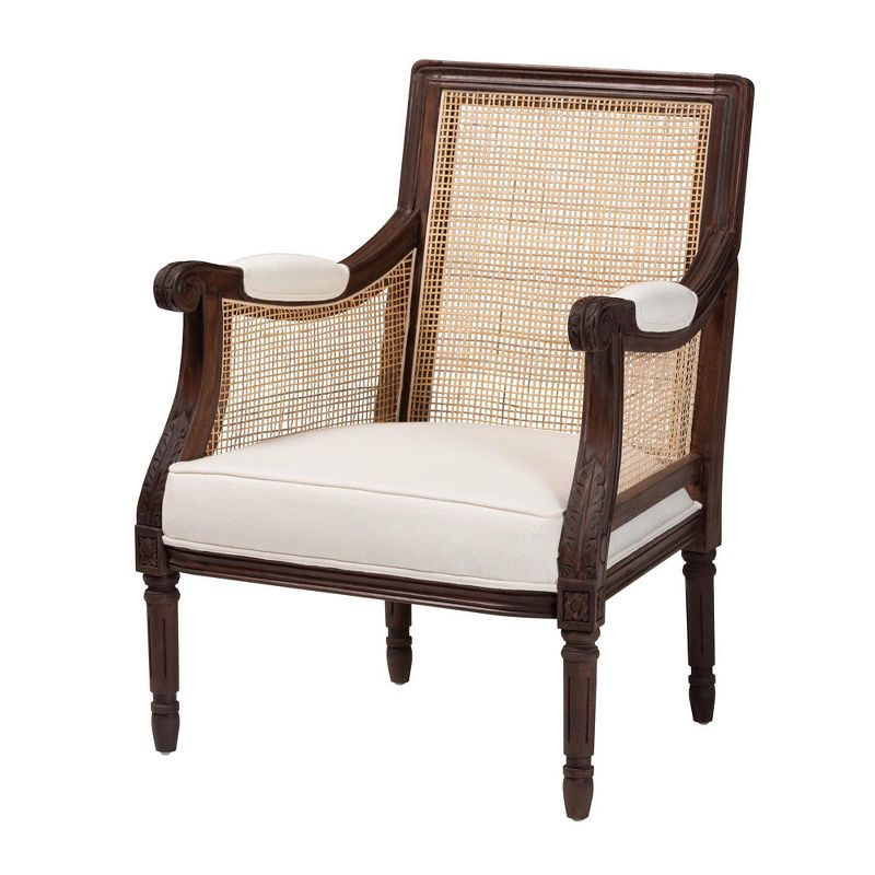 bali & pari Desmond Fabric and Wood Accent Chair Beige/Dark Brown: Traditional French Design, Foam Padded, Bayur Frame