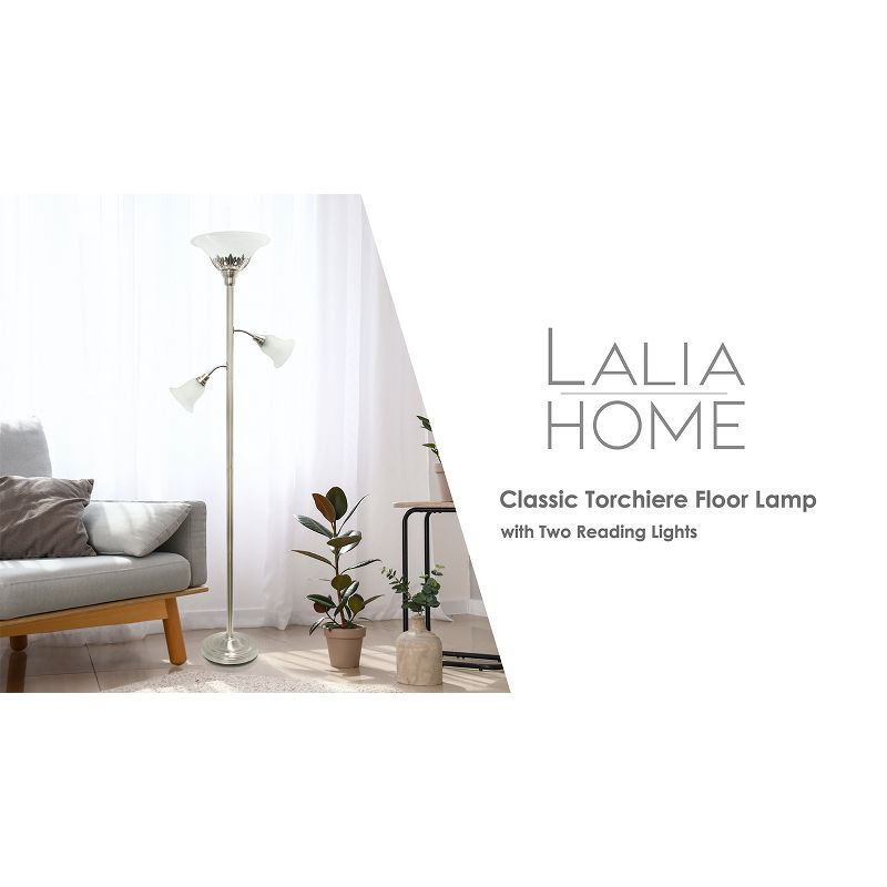 Torchiere Floor Lamp with 2 Reading Lights and Scalloped Glass Shades Bronze/White - Lalia Home: Adjustable, UL Listed, Metal Body