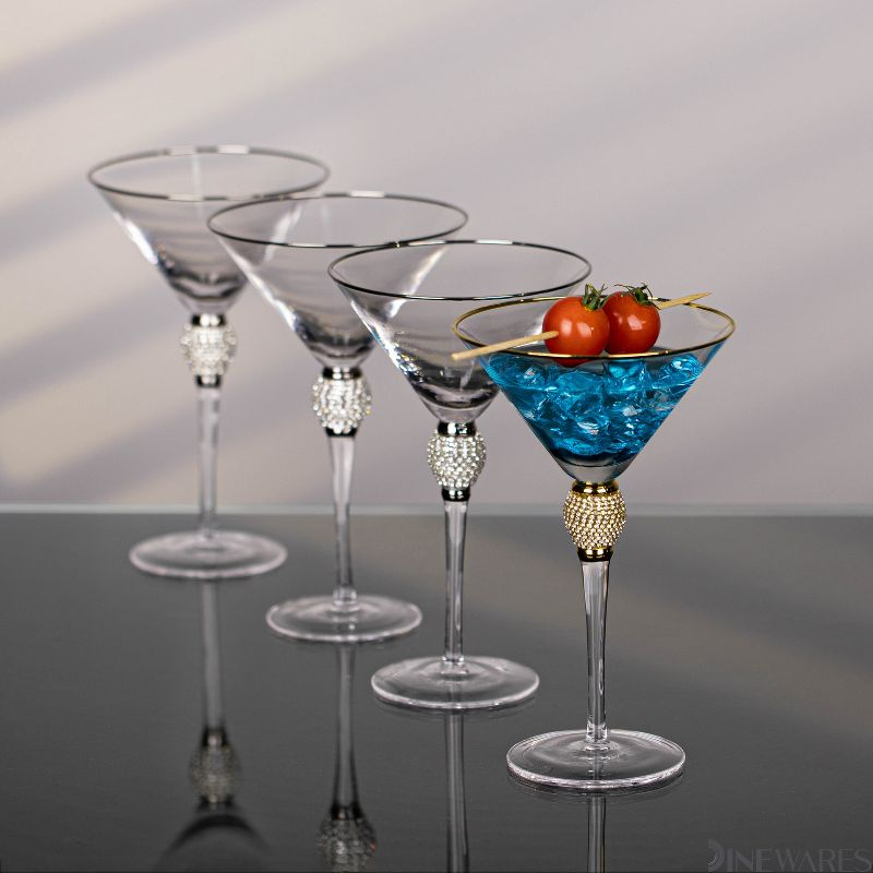 Dinewares Clear Stem Crystal Martini Glasses with Rim and Diamond-like Rhinestones, Elegant 10oz Glassware Set for Cosmopolitan Vodka, Gold Set of 4