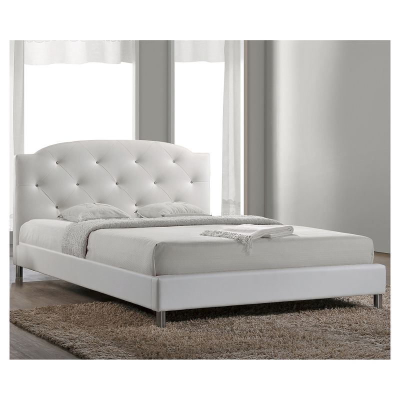 Full Canterbury Leather Contemporary Bed White - Baxton Studio: Crystal Tufted, Chrome Legs, No Box Spring Required