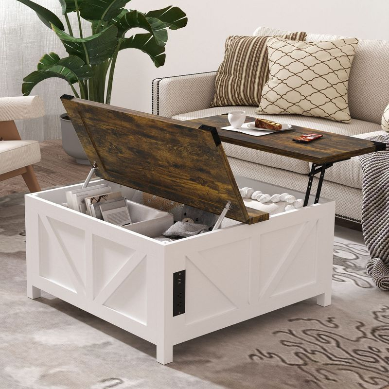 35'' Farmhouse Lift Top Coffee Table, Coffee Table with Storage and Large Hidden Storage, Square Coffee Table with Charging Station&USB Ports