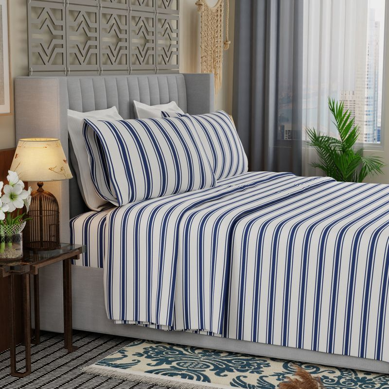 Color Sense Percale Weave Cool & Crisp Cotton Rich Sheet Set, King, Navy Stripe, 4 piece