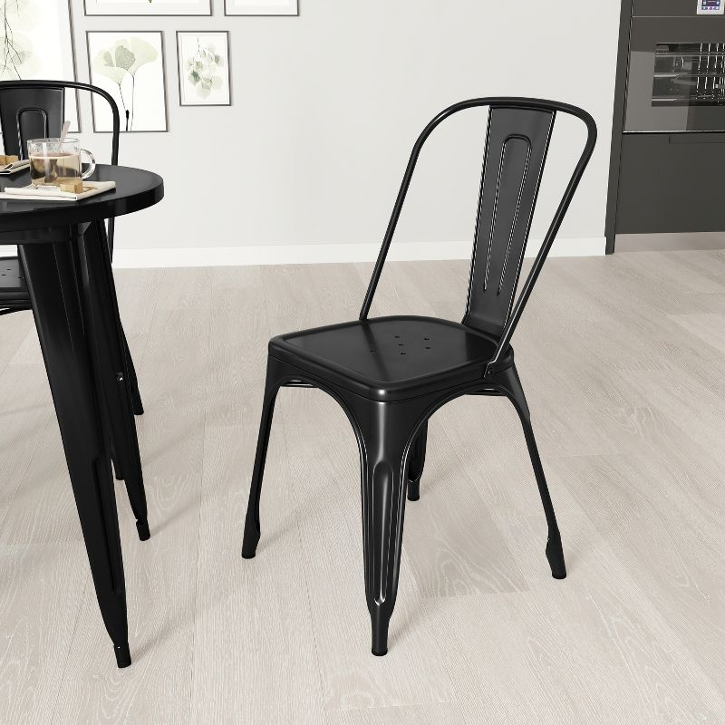 Merrick Lane Black Metal Dining Chair With Curved Vertical Slatted Back And Square Seat