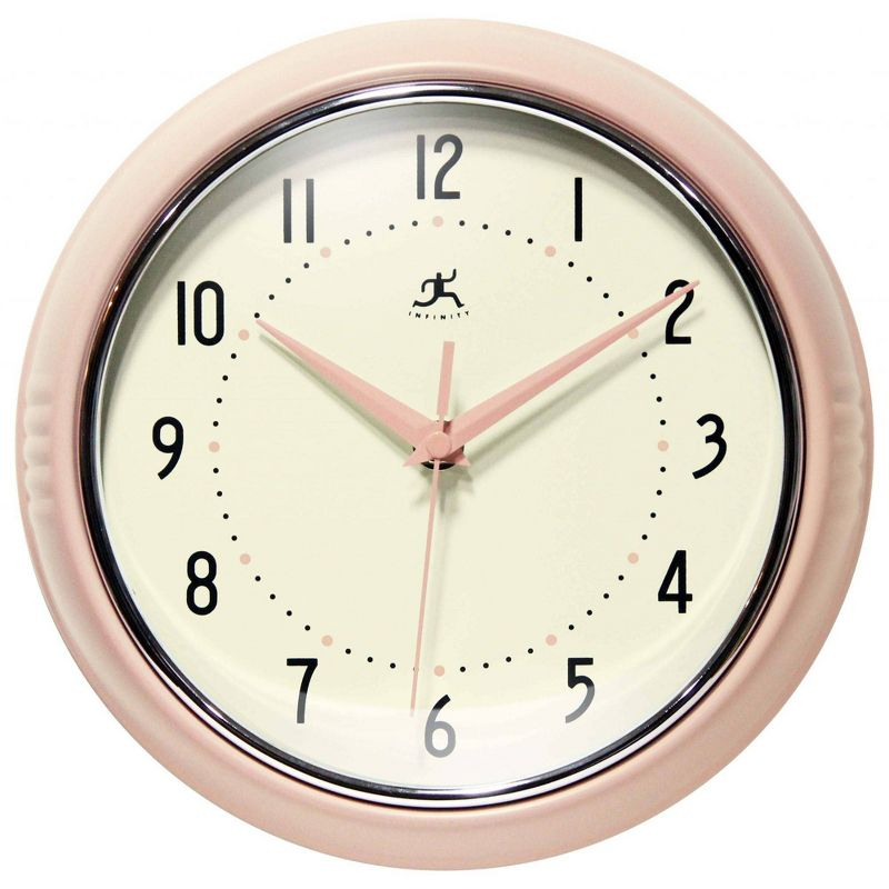 9.5" Retro Metal Wall Clock Pink - Infinity Instruments: Indoor Round Decorative Timepiece, Modern Style