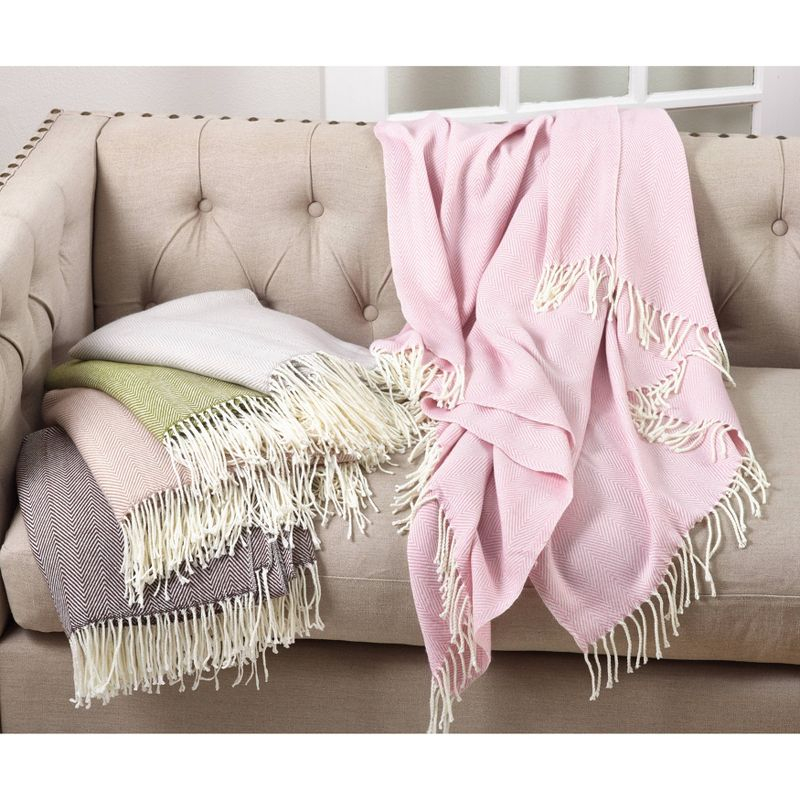 50"X60" Herringbone Tassel Fringe Throw Blanket Camel - Saro Lifestyle: Scandinavian Style, Acrylic Mesh, Hand Wash