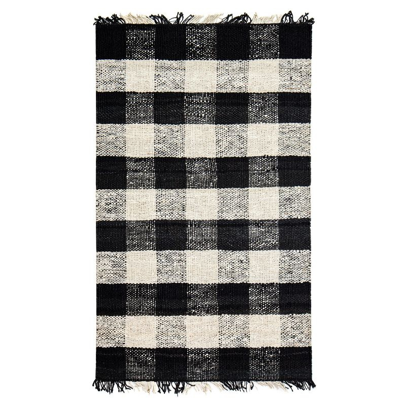 Black Check Loomed Area Rug 5'X7' - Anji Mountain: Handmade Jute Flatweave, Farmhouse Style, Fair Trade Certified