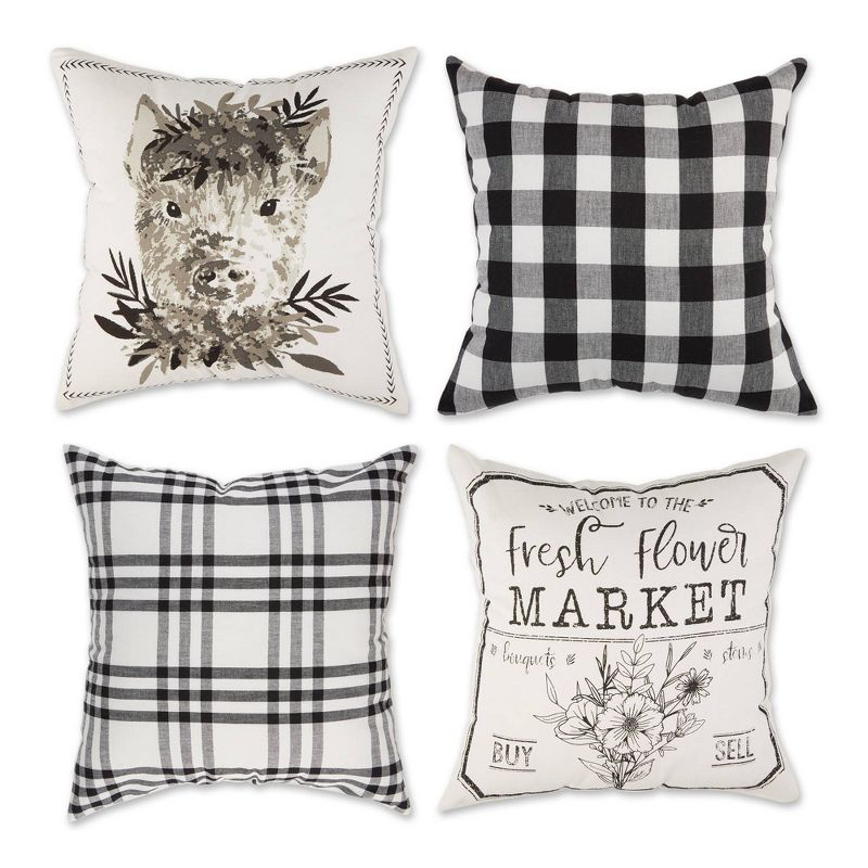 4pk 18"x18" Pig and Flower Market Farmhouse Check and Printed Square Throw Pillow Covers White - Design Imports: Cotton, Hidden Zipper