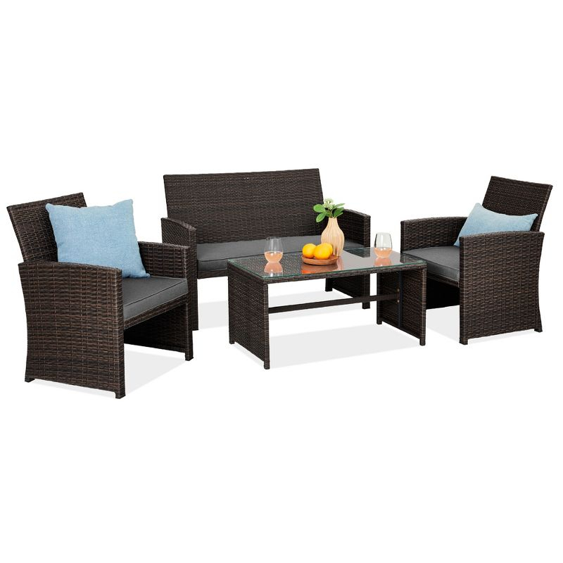Best Choice Products 4-Piece Outdoor Wicker Patio Conversation Furniture Set w/ Table, Cushions - Brown/Stone Gray
