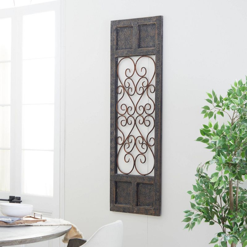 Olivia & May Traditional Wood Scroll Window Inspired Wall Decor with Metal Scrollwork Relief Brown: Vertical Iron Frame, Carved Art Object