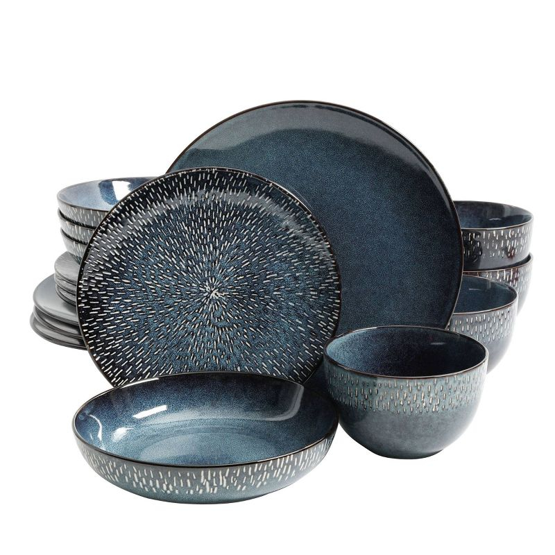 Gibson Elite 16pc Stoneware Matisse Double Bowl Dinnerware Set: Cobalt Blue, Microwave & Dishwasher-Safe Dish Set