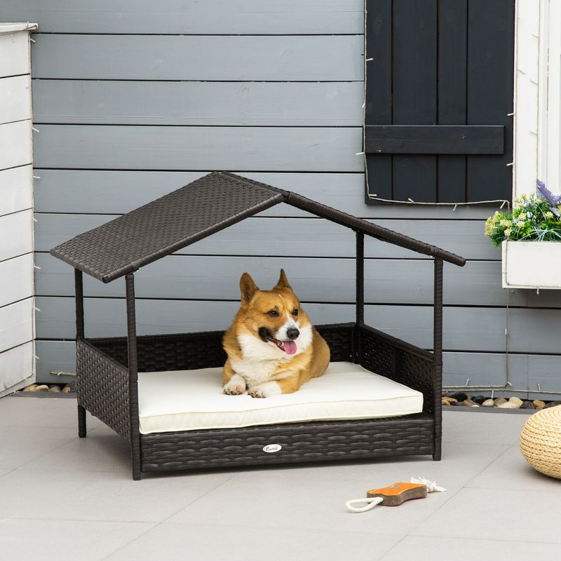 PawHut Wicker Dog House Elevated Raised Rattan Bed for Indoor/Outdoor with Removable Cushion Lounge, Cream