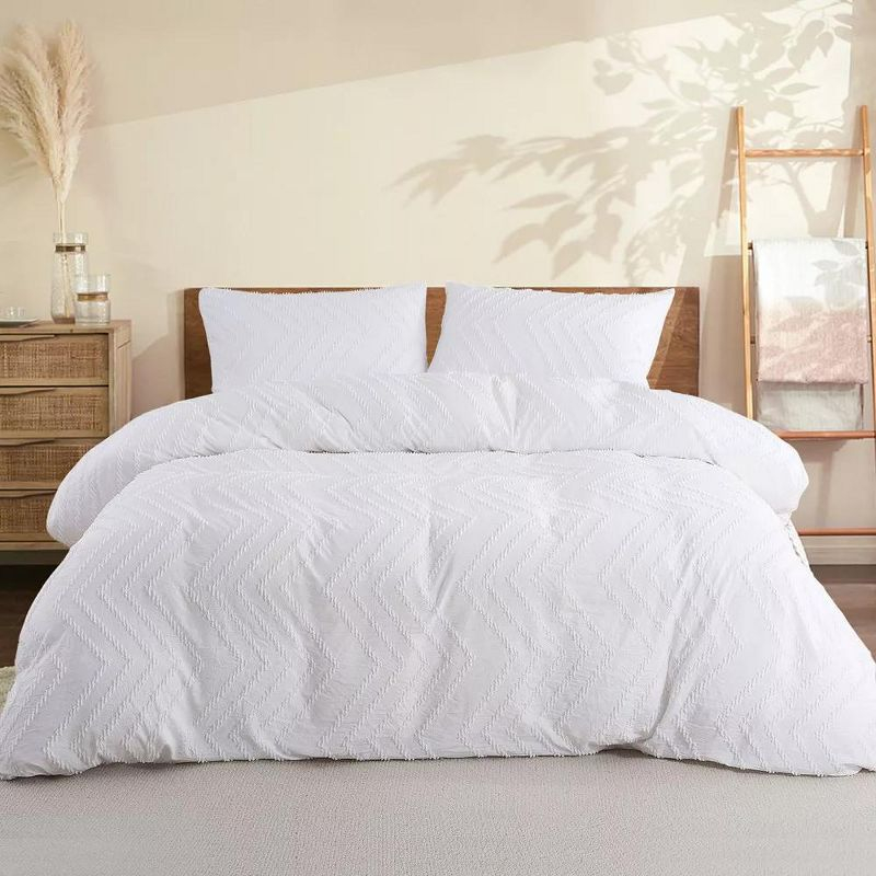 Peace Nest Tufted Clipped Jacquard Geometric Duvet Cover & Pillowcase Set, Wave White, Full/Queen, 90"x90"