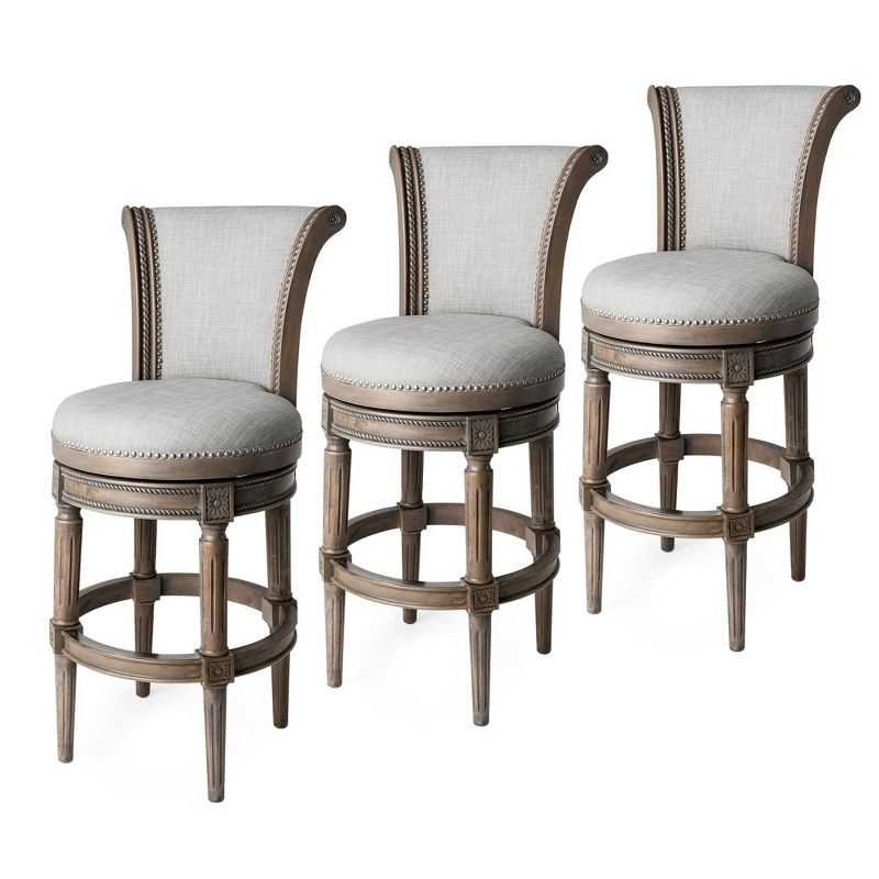 Maven Lane Pullman 31 Inch Tall Bar Height Upholstered Barstool with Back in Reclaimed Oak Finish with Ash Grey Fabric Cushion Seat, Set of 3