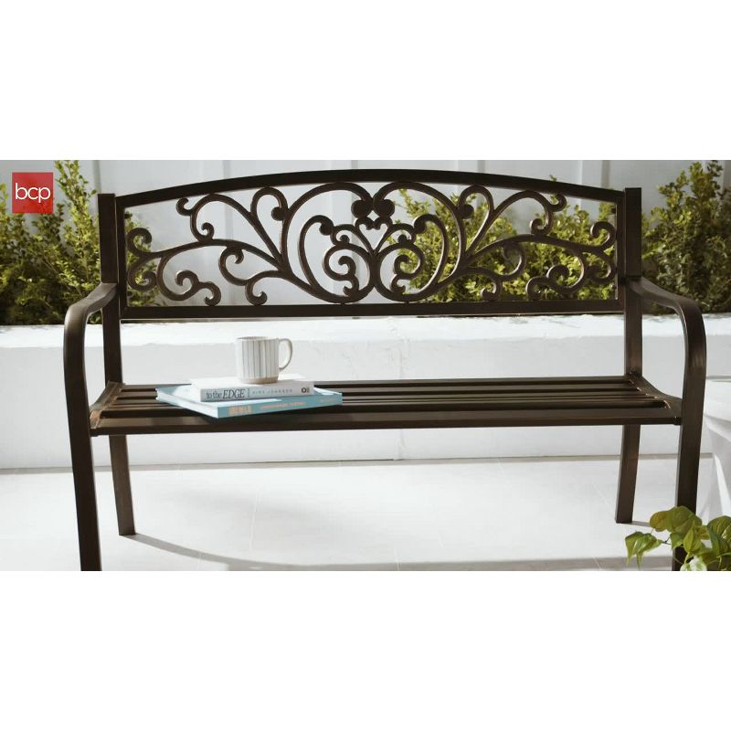 World Menagerie Outdoor Steel Bench with Floral Backrest & Slatted Seat, Marigold for Garden, Patio, Porch, Lawn, and Deck
