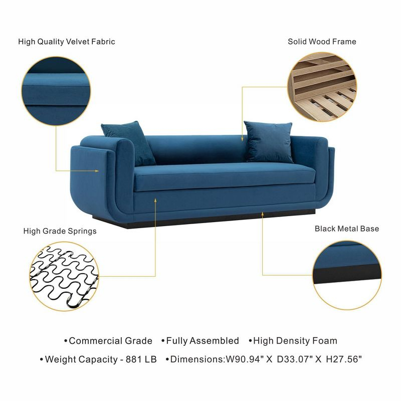 Edmonda Contemporary Velvet Upholstered Sofa with Pillows Sapphire Blue - Manhattan Comfort: Pine Wood Frame, Metal Base