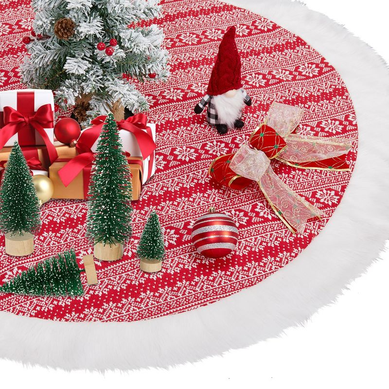 Christmas Tree Skirt 48 Inches, Red White Tree Skirts for Artificial Trees Xmas Holiday Party Decorations