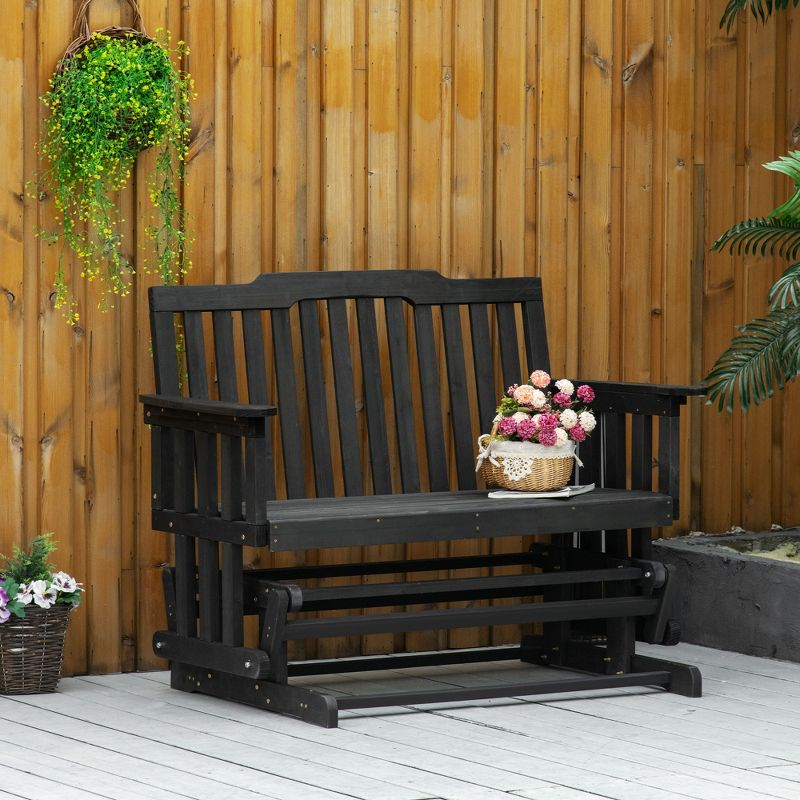 Outsunny Wooden Patio Glider Bench, Wood Outdoor Loveseat with High Back and Armrests, 2-Seat, Black