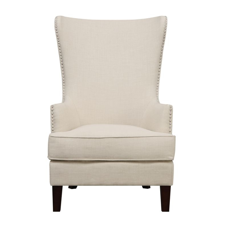 Karson High Back Upholstered Chair Natural: Picket House Furnishings, Espresso Legs, Studded Trim