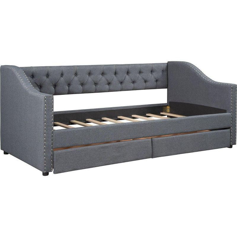 Streamdale Upholstered Twin Size daybed with Two Drawers, Wood Slat Support, Gray