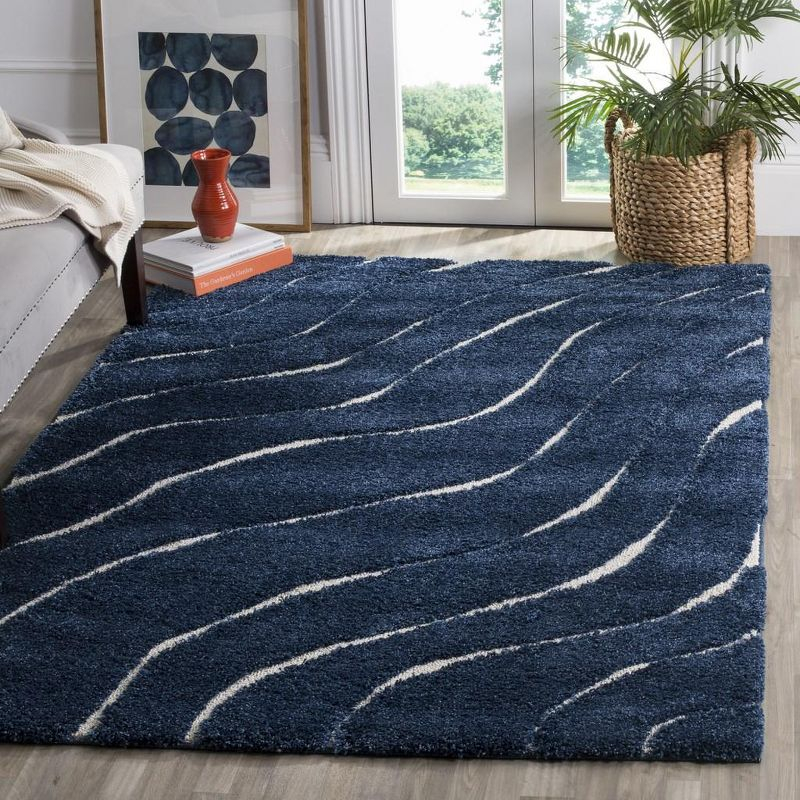 Florida Shag SG472 Power Loomed Indoor Area Rug - Dark Blue/Cream - 5'3"x7'6" - Safavieh