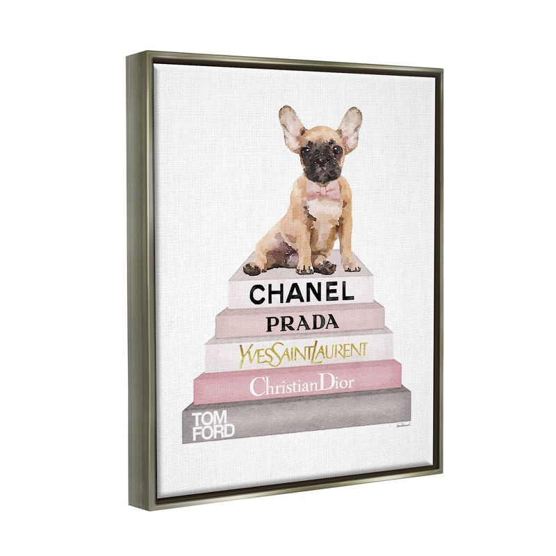 Stupell Industries Watercolor High Fashion Bookstack French Bulldog Gray Floater Framed Canvas Wall Art, 16 x 20