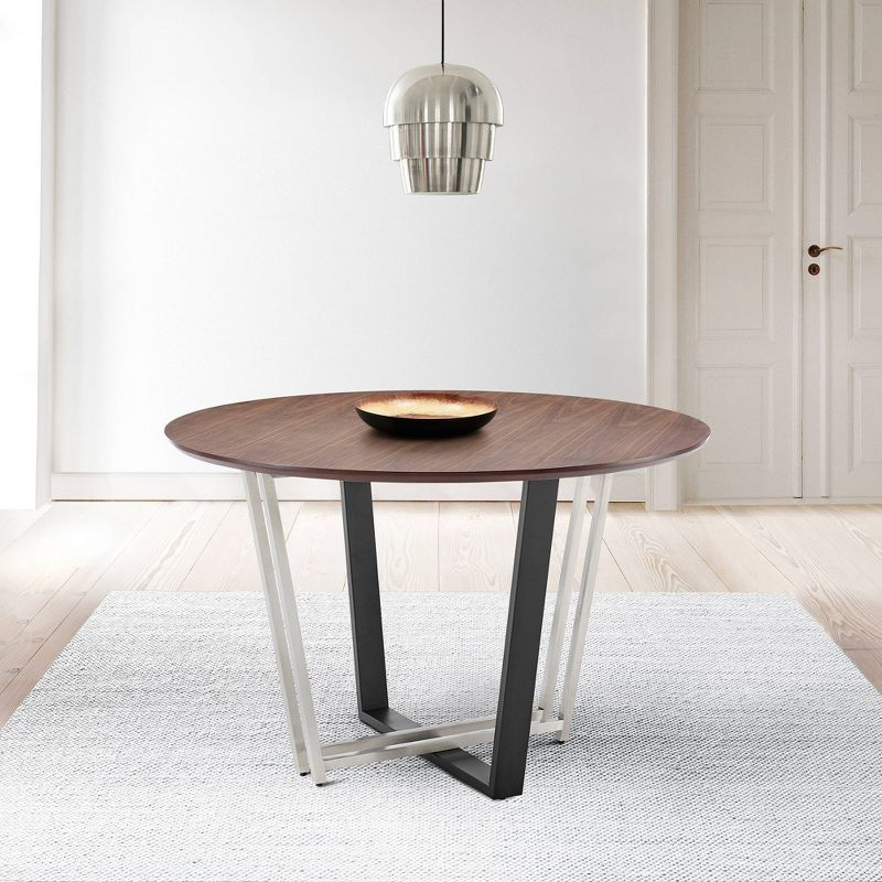 Armen Living 48" Joana Round Brushed Stainless Steel Iron Base with Tabletop Dining Table Black/Walnut