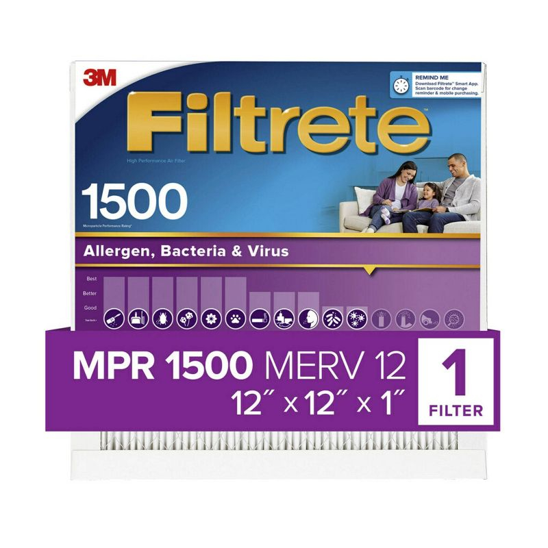 Filtrete 12x12x1 Allergen Bacteria and Virus Air Filter 1500 MPR: Electrostatic Furnace Filter, MERV 12, 3-Month Use