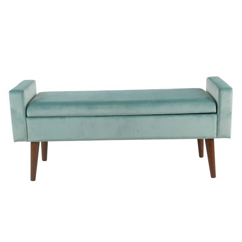 HomePop Fulton Velvet Storage Bench Aqua Blue: Mid-Century, Hinged Lid, Upholstered, Plywood Frame