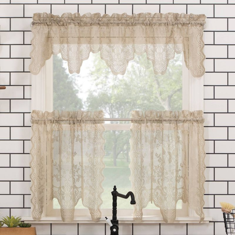 2pc 58"x24" No. 918 Sheer Alison Floral Lace Rod Pocket Kitchen Curtain Tier Pair Beige: Kitchen Window Curtains