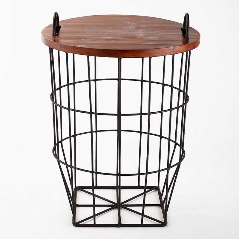The Lakeside Collection Metal Storage Basket Side Table with Carrying Handles and Wooden Lid