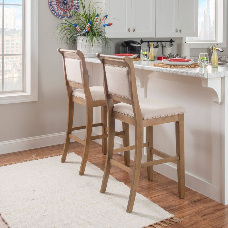 Emmy Padded Back Nailhead Barstool Natural - Linon: 30" Height, Rustic Wash, Upholstered, Footrest