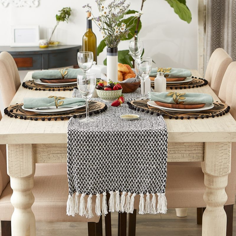 Design Imports  Woven Jacquard Fringe Table Runner, Black, 15X72"