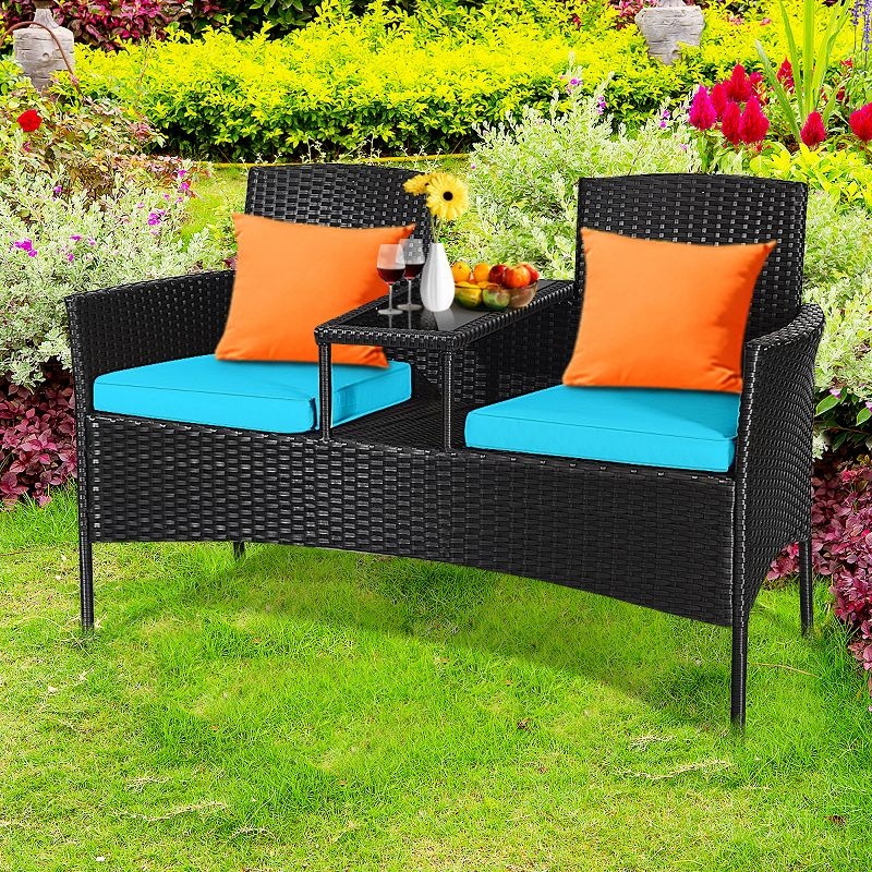 Tangkula Outdoor Rattan Furniture Wicker Patio Conversation Chair W/Cushions Turquoise