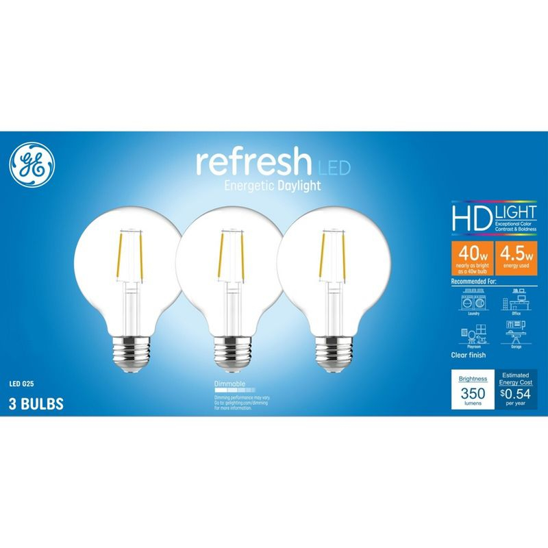 GE 3pk 40W Refresh G25 LED Clear Globe Light Bulbs Daylight: Dimmable, Energy Star, 5000K, 360 Lumens, E26 Base