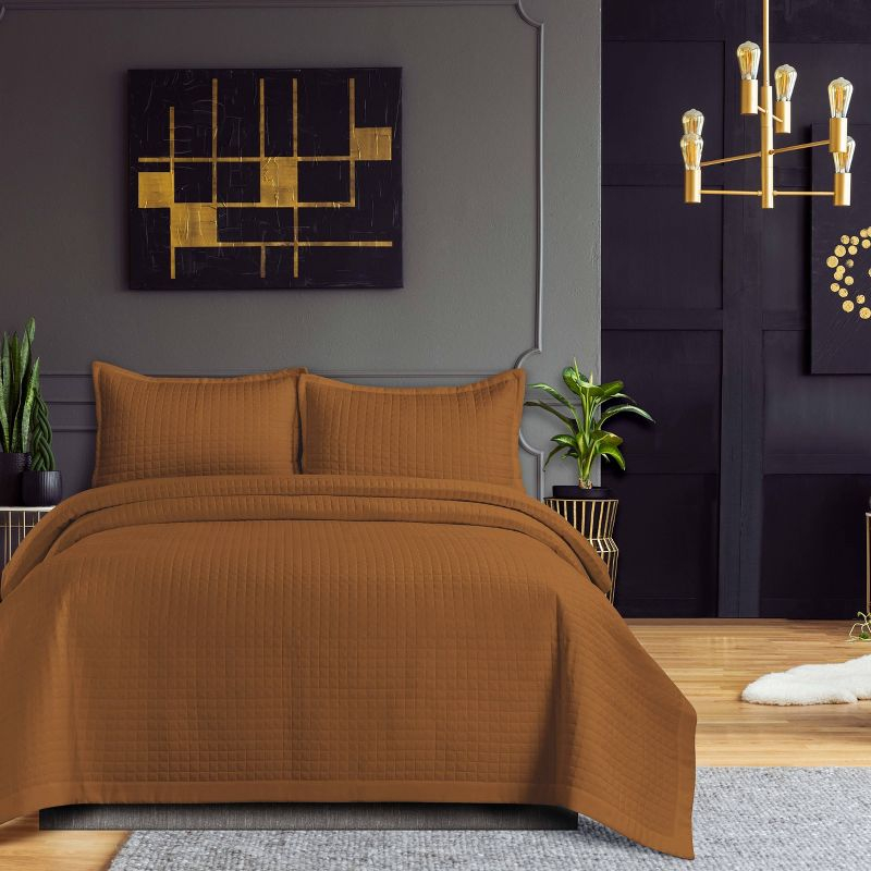King Naples Microfiber Quilt Set Camel - Tribeca Living: 3-Piece, Box Quilting Design, Year Round Comfort