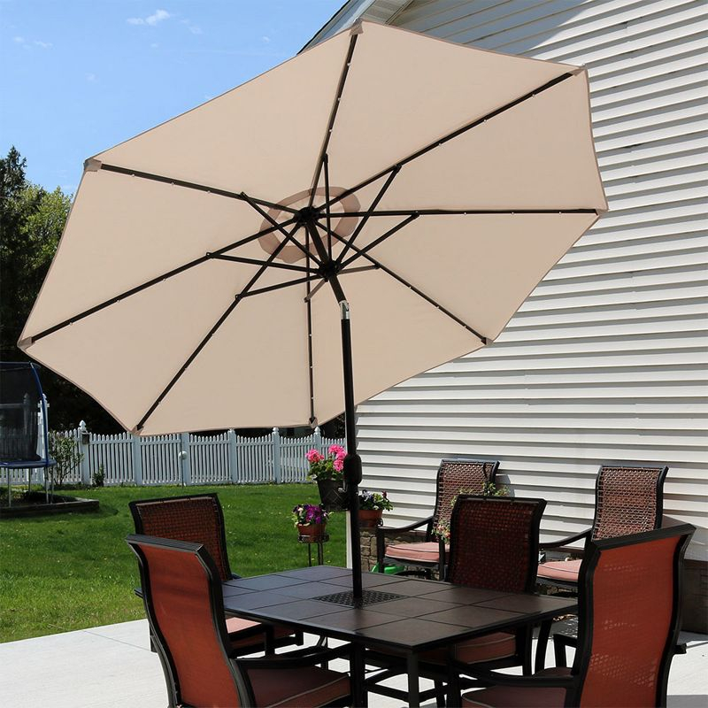 Sunnydaze Outdoor Solar Patio Umbrella with Polyester Canopy, LED Lights and Push Button Tilt and Crank - 9' - Beige