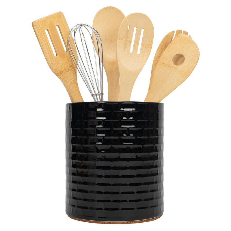 Elanze Designs Embossed Subway Tile Ceramic Stoneware Cork Bottom Kitchen Utensil Holder, Black