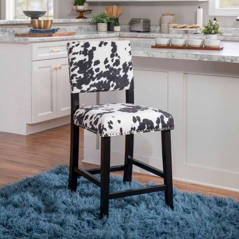 Linon Corey Black Cow Print Upholstery Counter Height Barstool Black/White: Farmhouse Style, Wood Frame, Footrest