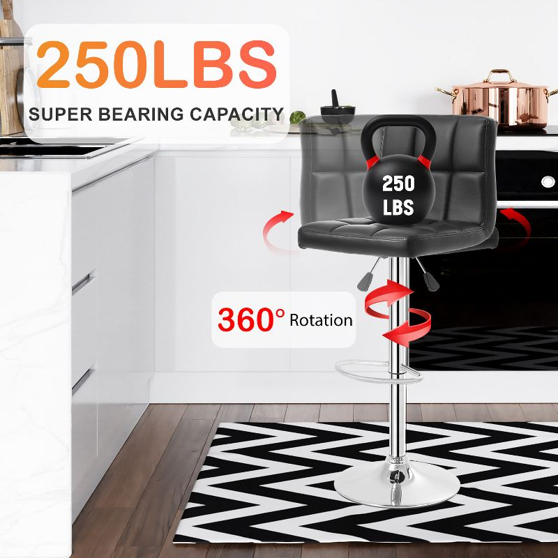 FDW Bar Stool Height Adjustable Swivel Stool with Back PU Leather Kitchen Counter Stools Set of 2 Dining Chairs, Black