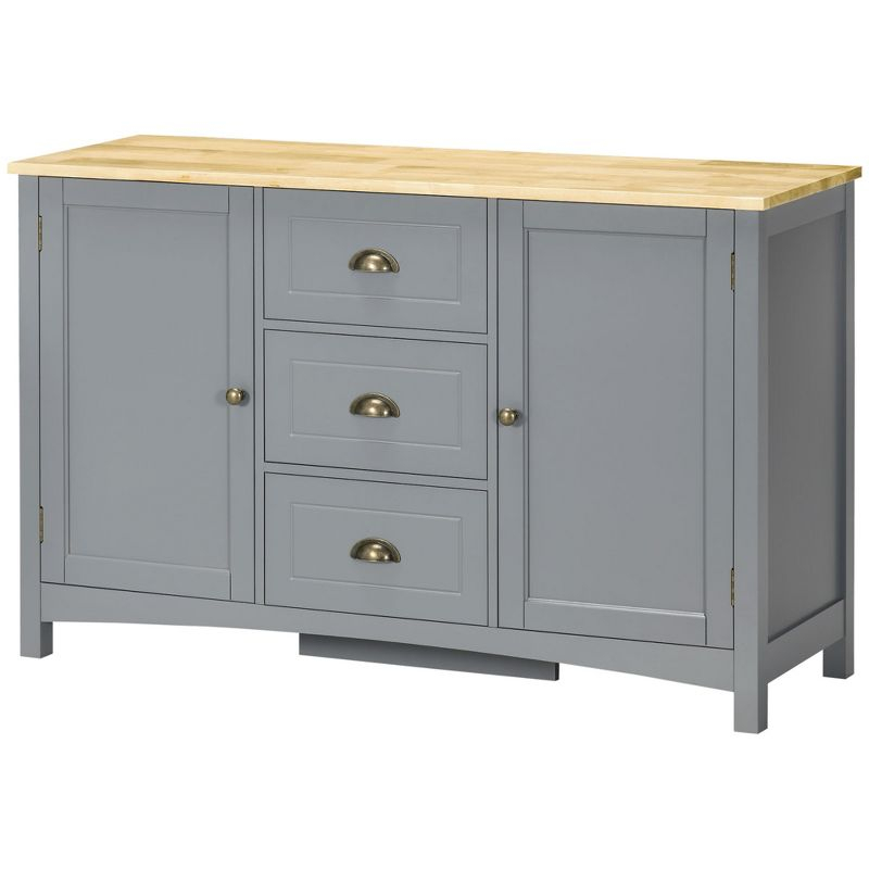 HOMCOM Buffet Cabinet with 3 Storage Drawers and Adjustable Shelves, 2 Door Sideboard with Rubber Wood Top, Coffee Bar for Living Room, Gray