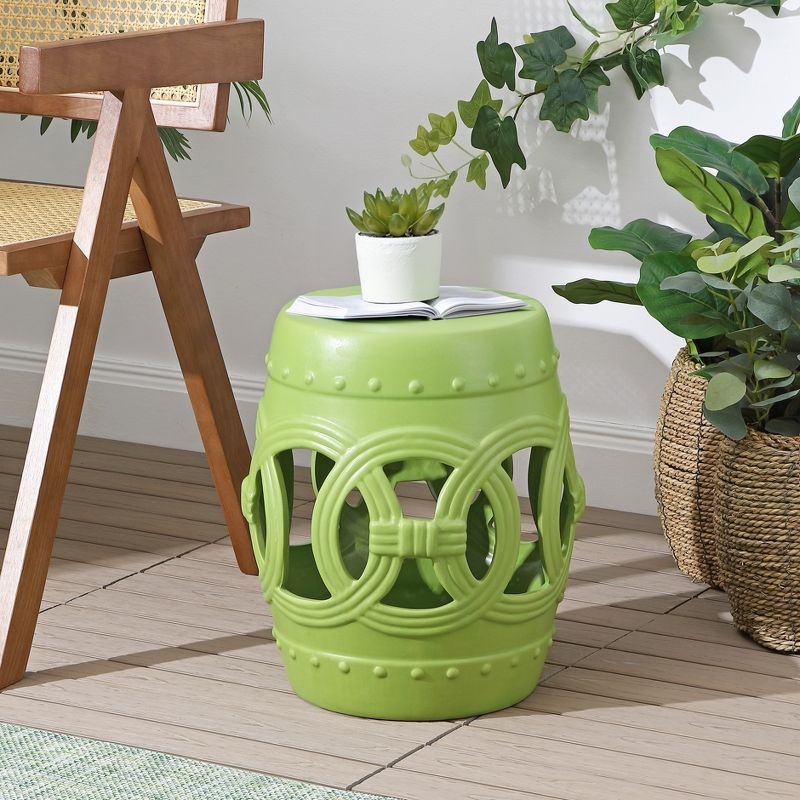 JONATHAN Y Lucky Coins 16" Chinese Ceramic Drum Garden Stool, Matte Green