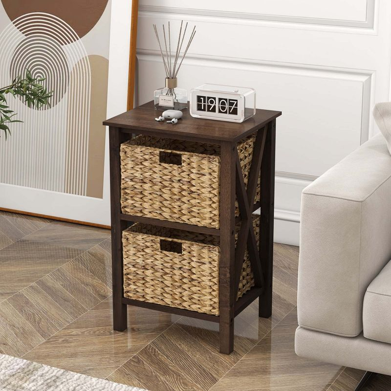 Costway 2 PCS 2-Tier Nightstand with 2 Seagrass Baskets Rubber Wood X-Shaped Frames 2 Drawers
