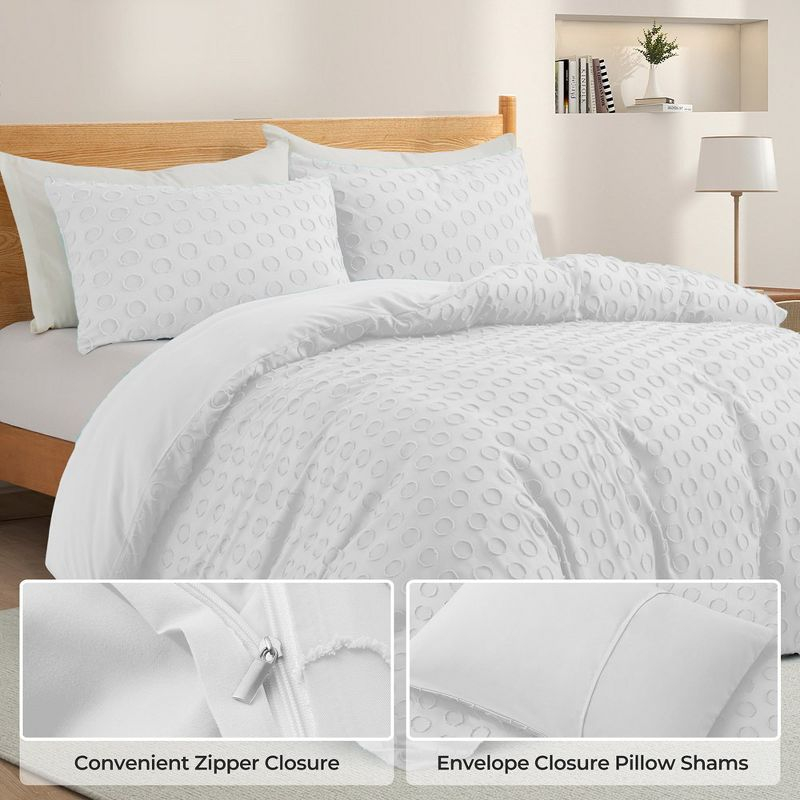 Peace Nest Tufted Clipped Jacquard Geometric Duvet Cover & Pillowcase Set, Circle White, Full/Queen, 90"x90"