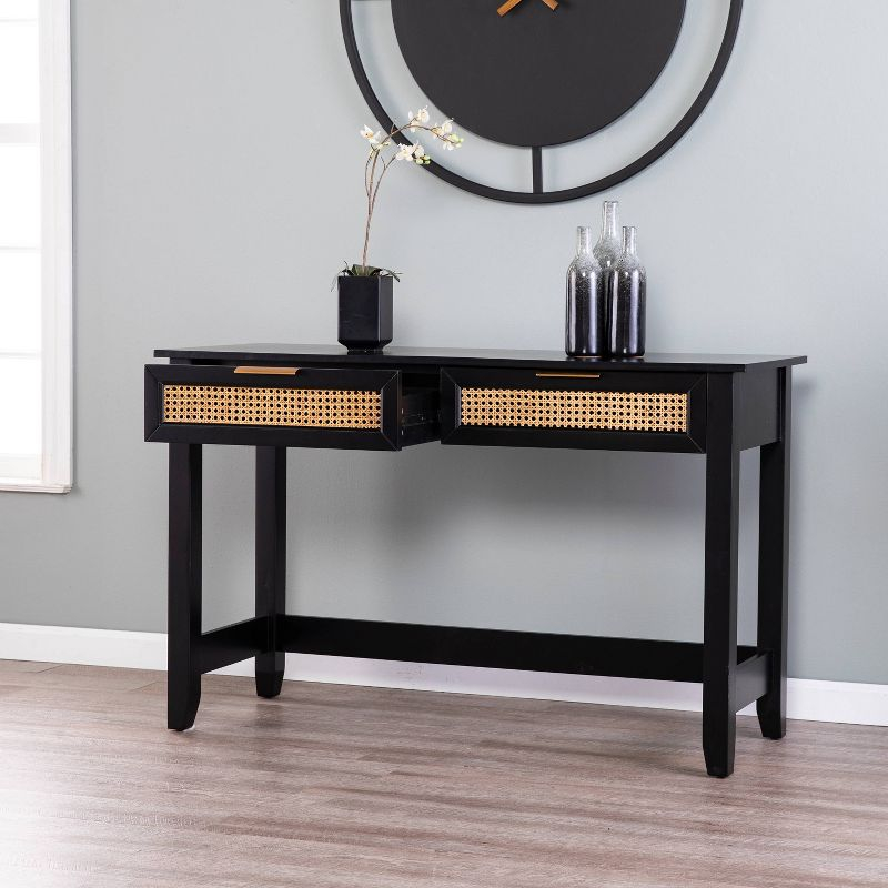 Chekshire Storage Console Black/Natural - Holly & Martin: Transitional Style, Metal Frame, Wood Top, Entryway Furniture with Drawer