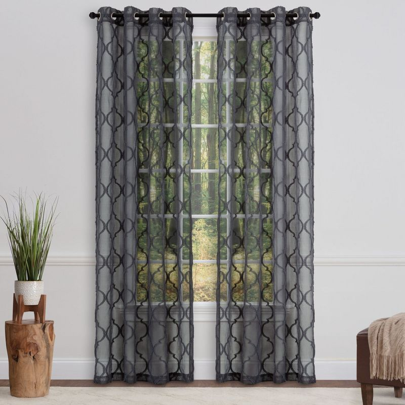 Chanasya 2pk Moroccan Embroidered Grommet Textured Sheer Window Curtain Panels - Set of 2 - 52 x 84 Inches Long - Charcoal