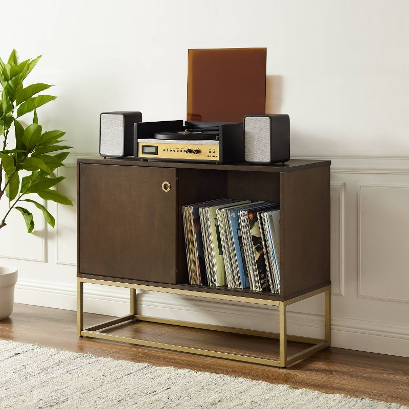 Byron Media Console Dark Brown/Gold - Crosley: Vinyl Storage Cabinet, Adjustable Shelves, Cable Management