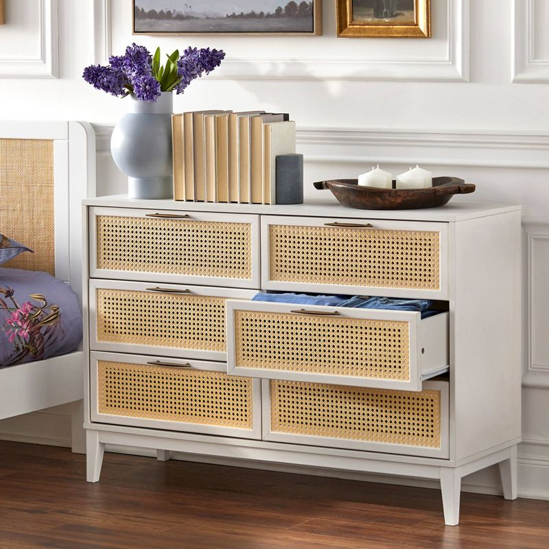 Andros 6 Drawer Dresser with Faux Cane Drawer Fronts White/Natural - Buylateral: Elegant Storage Solution for Any Room