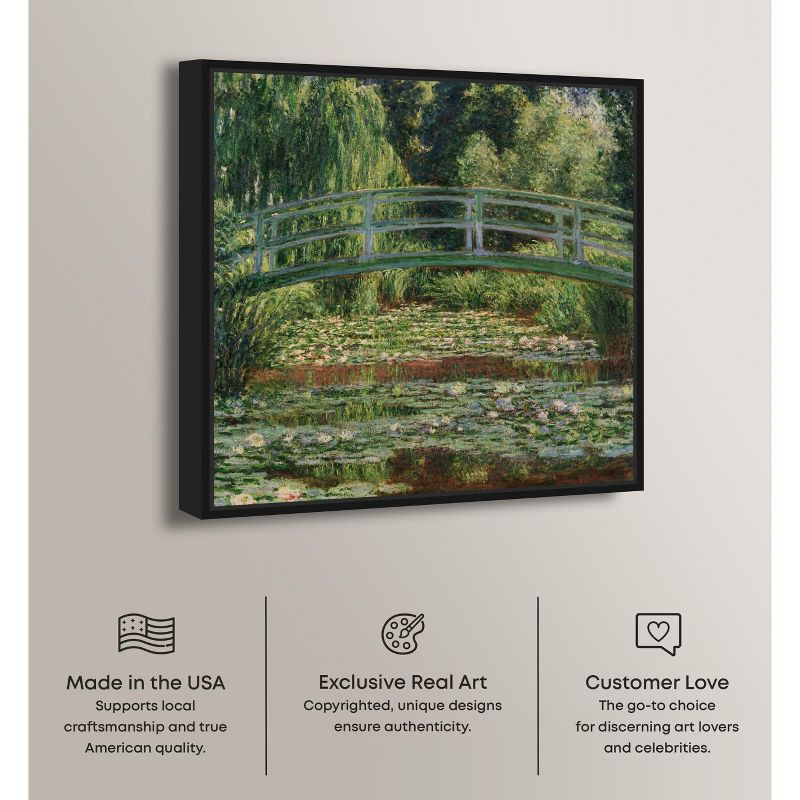 Monet - The Japanese Footbridge and the Water Lily Pool Giverny Canvas Impressionism Wall Art by Art Remedy, Black Frame, 16" x 16"