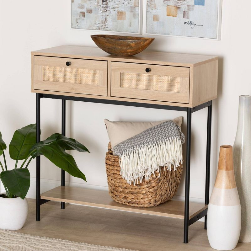 Sherwin 2 Drawer Console Table with Woven Rattan Accent Light Brown/Black - Baxton Studio:Entryway Storage